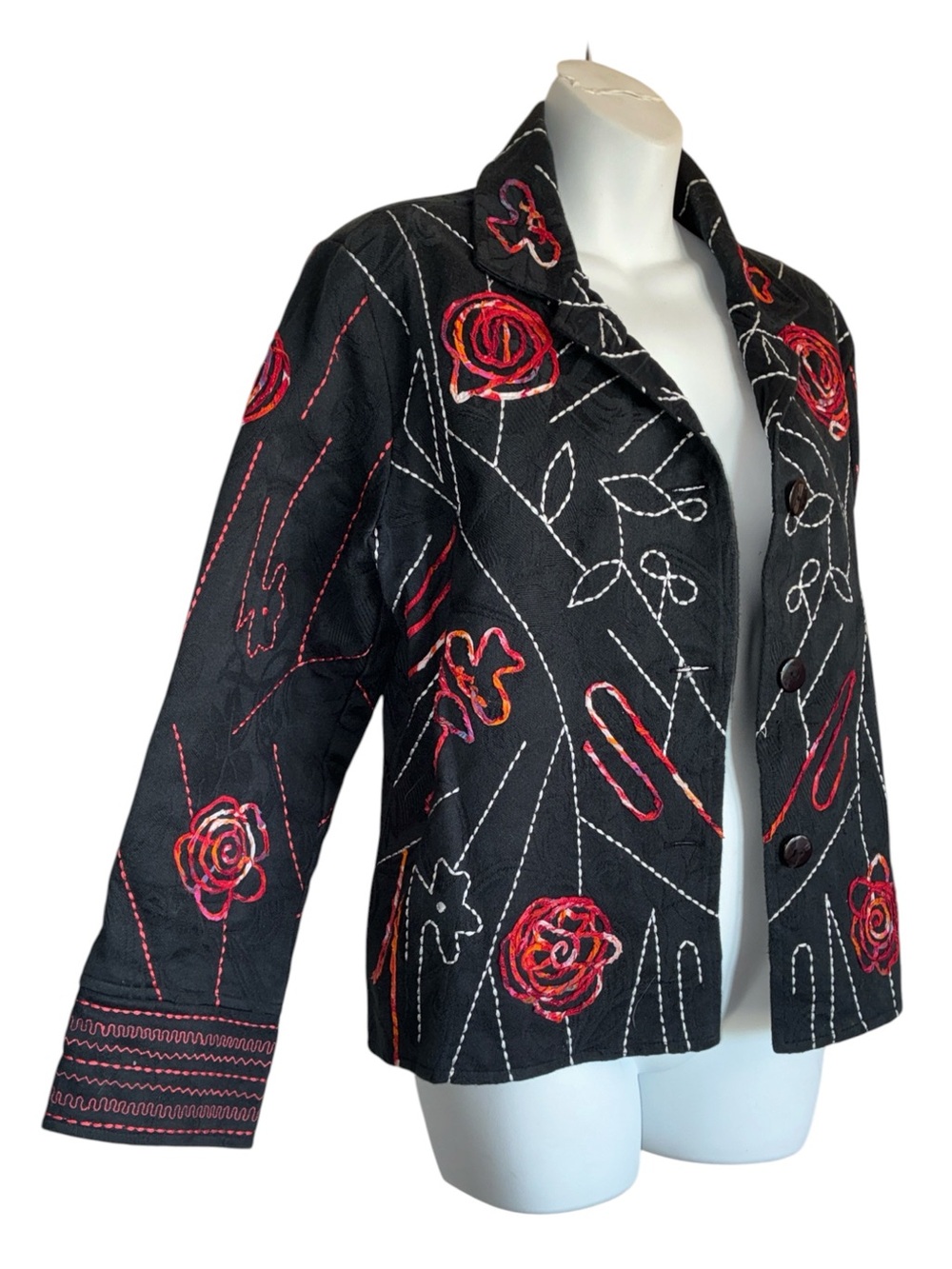 Casual Studio Cotton Jacket Women's M, Black with red Floral embroidery. Euc
